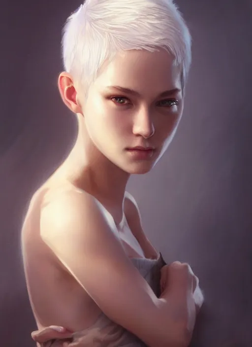 Prompt: girl with short white hair, beautiful highly detailed face, complementary lighting, backlit, divine, beautiful painting by artgerm and greg rutkowski and raymond swanland