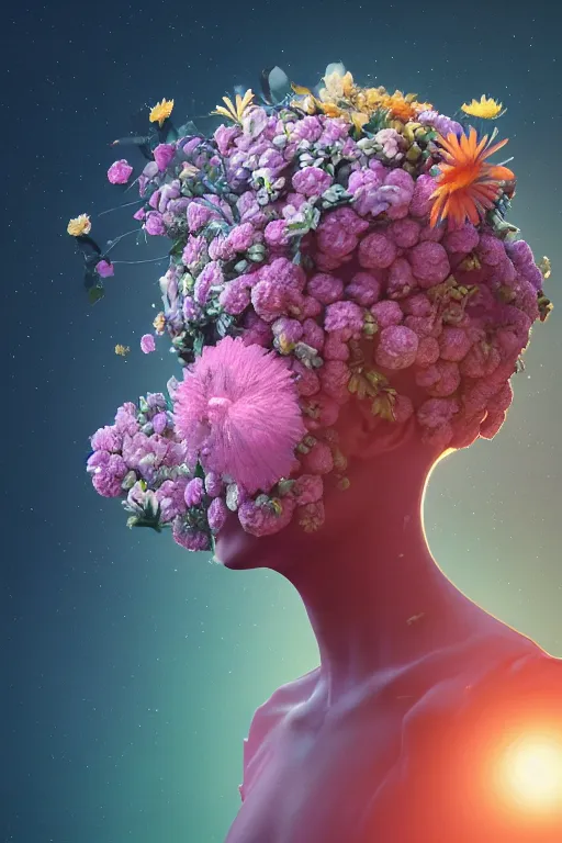 Prompt: a person with a flower on their head, a 3D render by Mike Winkelmann, behance contest winner, space art, made of flowers, octane render, reimagined by industrial light and magic