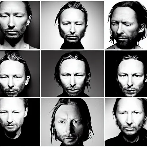 Prompt: versions of variations, hyper realistic, many variations of thom yorke, face variations, various emotions, various poses, high quality, intricate details, beautiful lighting