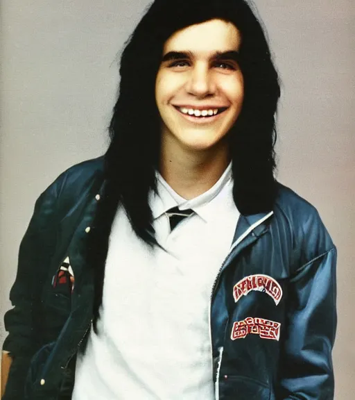 Image similar to 1 9 8 0 s highschool guy with long black hair, sports bomber jack, popular, yearbook photo