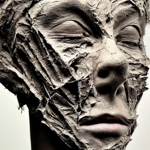 Image similar to surrealism sculpture by enrico ferrarini, human face, torn and ferocious.