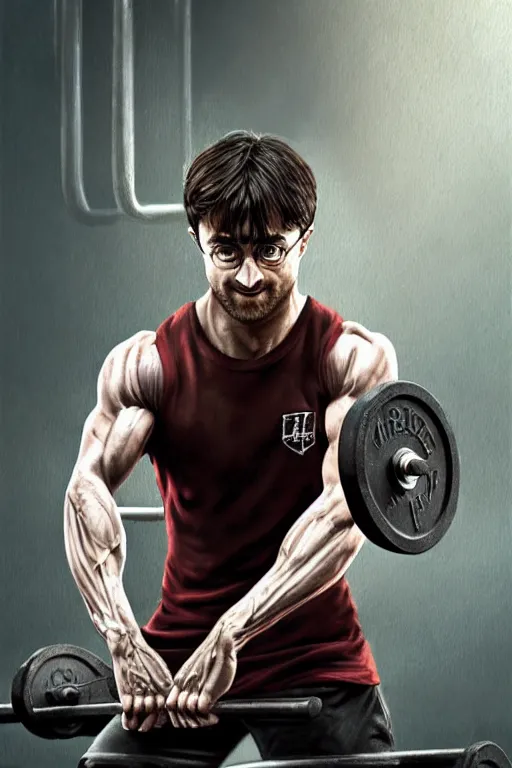 Image similar to highly detailed rendering of Daniel Radcliffe as Harry Potter doing barbell back squats, dingy workout gym, wearing a muscle tee shirt, muscular deep squats, symmetrical, highly detailed, digital painting, artstation, concept art, smooth, sharp focus, illustration, cinematic lighting, art by artgerm and greg rutkowski and alphonse mucha