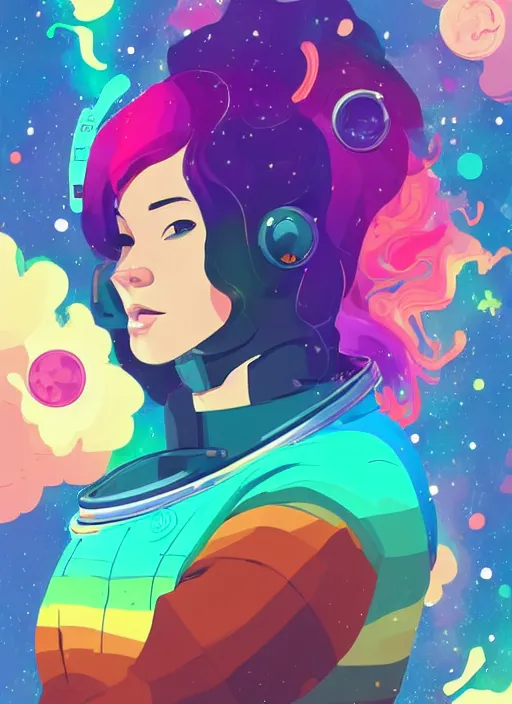 Prompt: a beautiful woman with rainbow hair floating in space. she is an astronaut, wearing a space suit. clean cel shaded vector art. shutterstock. behance hd by lois van baarle, artgerm, helen huang, by makoto shinkai and ilya kuvshinov, rossdraws, illustration, art by ilya kuvshinov