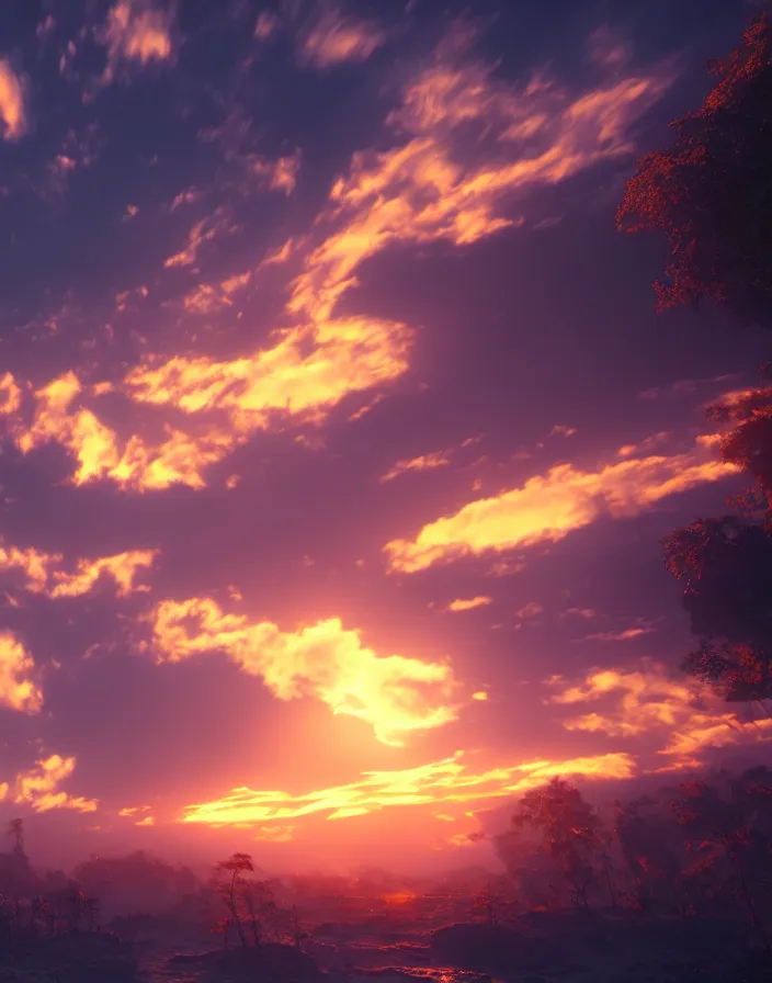 Image similar to magical sunrise in a forgotton world, cinematic, highly detailed, 8 k, octane render, trending on artstation