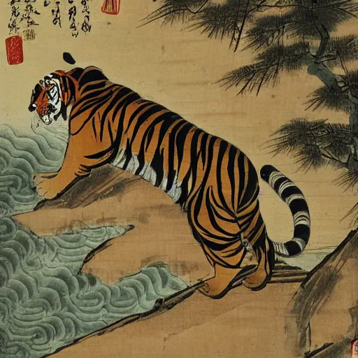 Prompt: a mighty tiger standing on a log ready to hunt prey in the water, Chinese Art