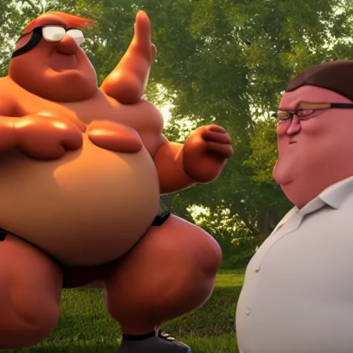 Prompt: real life Peter Griffin in a fist fight with giant chicken man, photorealistic, cinematic lighting, action movie, still frame from an action movie, highly detailed