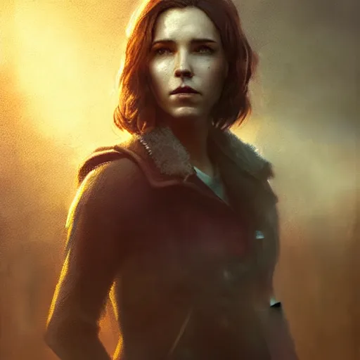 Image similar to fallout 5, charismatic brunette female protagonist, portrait, atmospheric lighting, painted, intricate, volumetric lighting, beautiful, daytime, sunny weather, slight overcast, sharp focus, deep colours, ultra detailed, by leesha hannigan, ross tran, thierry doizon, kai carpenter, ignacio fernandez rios