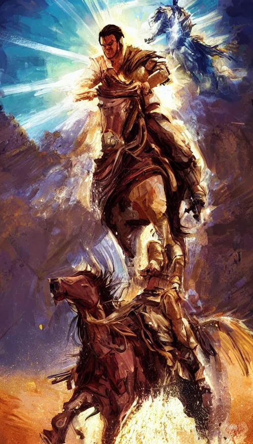 Prompt: jesus vs elvis on horseback, buddhist science fiction concept art, horizon zero dawn, shimmering gold colour palette by bill sienkiewicz