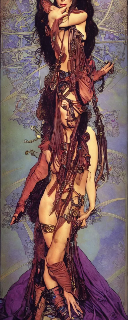 Image similar to striking sensual colorful art nouveau style portrait of anjelica huston as an industrial leatherpunk rebel commander by glenn fabry, simon bisley and alphonse mucha, photorealism, extremely hyperdetailed, perfect symmetrical facial features, perfect anatomy, ornate declotage, spikes, latex, excited expression, wild eyes