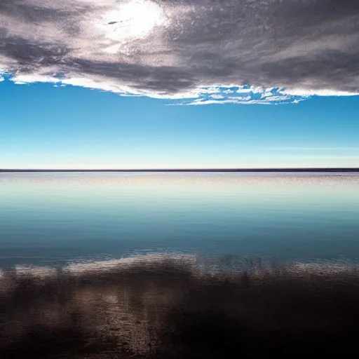 Image similar to a still plain of endless water across the horizon, no waves, no ripples, with a blue sky above it and reflected within it