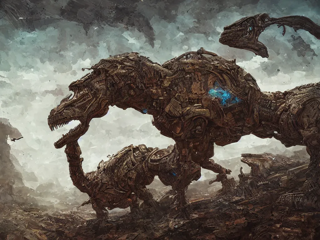 Prompt: A hyperrealistic illustration of a cyborg dinosaur in a strange landscape by Enki Bilal, Anato Finnstark, award-winning, masterpiece, extreme detail, sharp focus