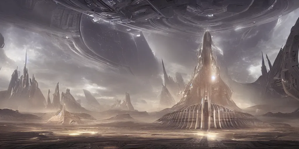 Prompt: a beautiful digital matte painting of a gigantic starship temple, by chase stone and sara winters and alex petruk, complex swirling accents, futuristic, gothic architecture, clear focus