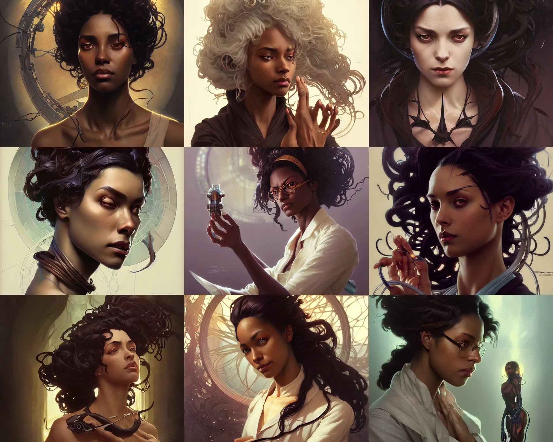 Prompt: female mad scientist, dark skinned, deep focus, intricate, elegant, highly detailed, digital painting, artstation, concept art, matte, sharp focus, illustration, art by artgerm and greg rutkowski and alphonse mucha