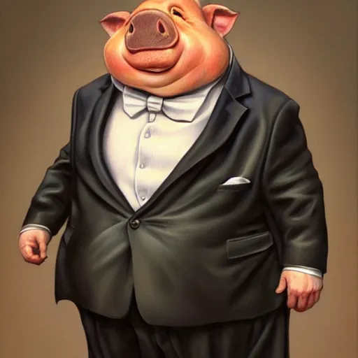 Prompt: photo portrait of an anthropomorphic fat pig wearing a suit, masterpiece, highly detailed, hyperrealistic, digital painting, by Ralph Horsley, by artgerm