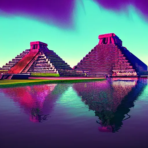 Image similar to neon mayan pyramids viewed from a lake,retrowave art,cyberpunk,trending on deviant art