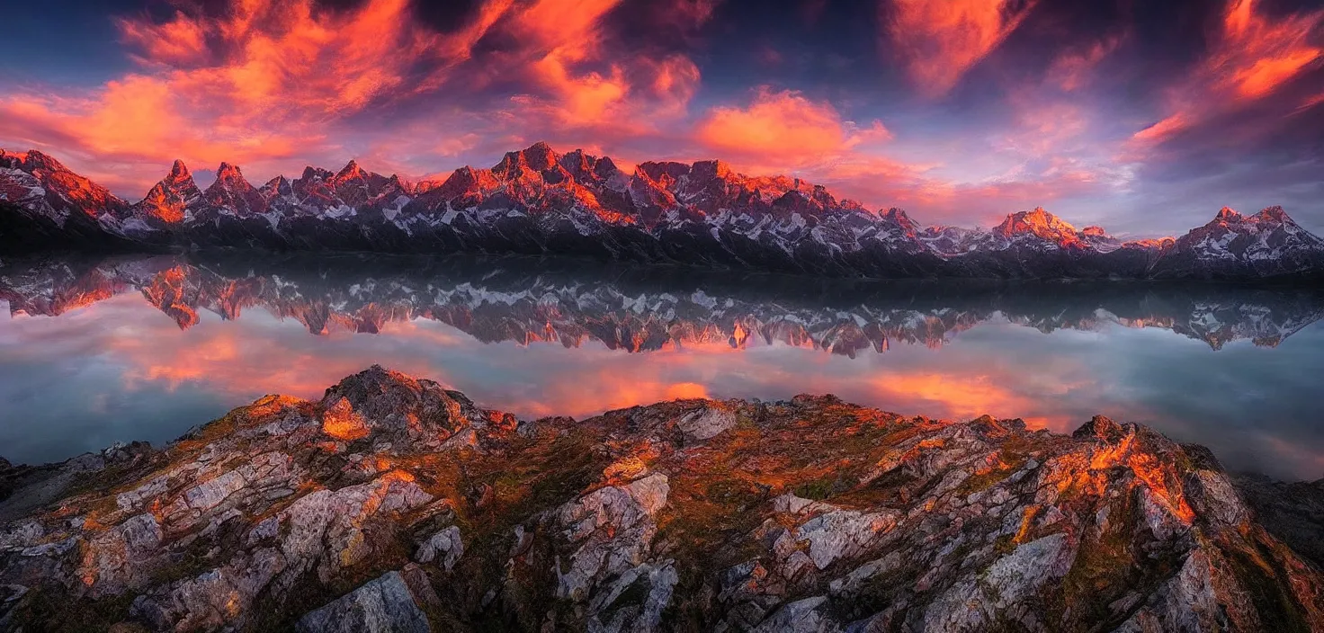 Image similar to amazing landscape photo of mountains with lake in sunset by marc adamus, beautiful dramatic lighting