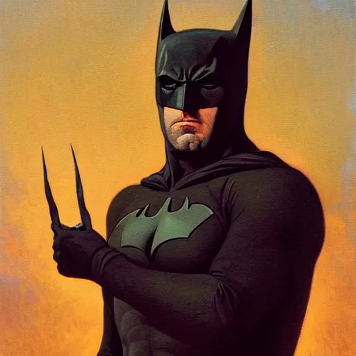 Prompt: Painting of Ben Affleck's Batman. Art by William Adolphe Bouguereau. During golden hour. Extremely detailed. Beautiful. 4K. Award-winning.