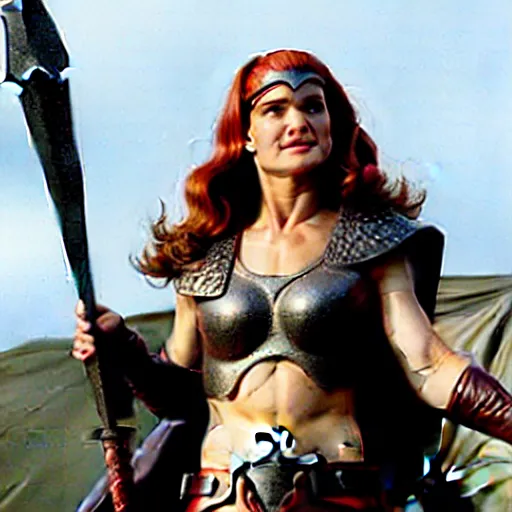 Image similar to natalie portman as red sonja, action scene