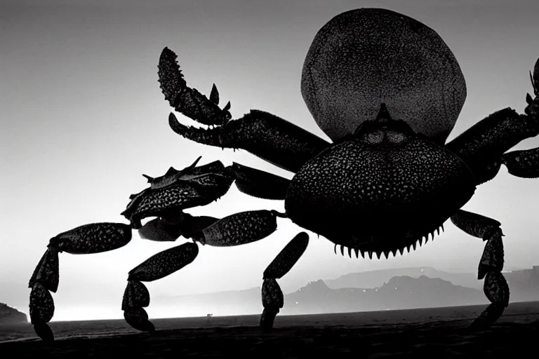 Image similar to giant crab attacking a california city, in 2 0 1 2, bathed in the the glow of the sunset, low - light photograph, photography by ansel adams