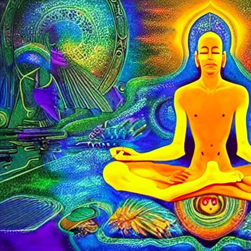 Prompt: human meditating supreme peace immense knowledge infinite color dmt art