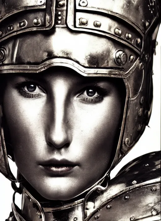 Prompt: close - up portrait of female roman gladiator with helmet and armor, art by helmut newton