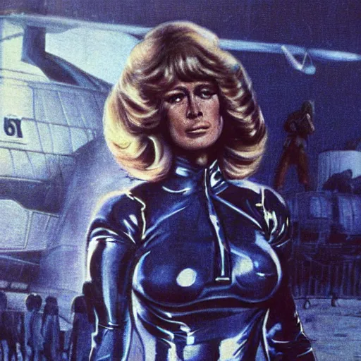 Prompt: movie still, 1 9 7 0 s, sci - fi farrah fawcett in combat suit, hyperdetailed, by tarkovskij, blue lights