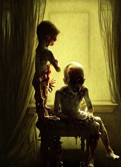 Image similar to a zombie child in a dark living room, diffuse lighting, fantasy, intricate, elegant, highly detailed, lifelike, photorealistic, digital painting, artstation, illustration, concept art, smooth, sharp focus, art by john collier and albert aublet and krenz cushart and artem demura and alphonse mucha