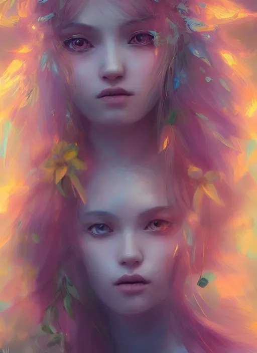 Image similar to a gorgeous flower princess portrait by WLOP, emerald yellow eyes, blue hair, digital painting, beautiful lighting, mystical , cgsociety, artstation