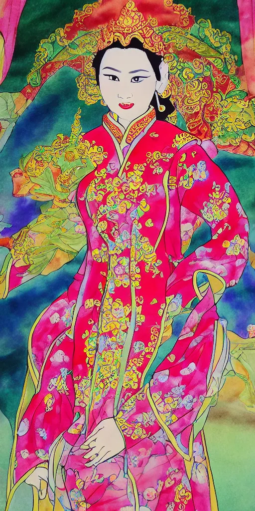 Image similar to silk painting of beautiful vietnamese princess wearing vietnamese ao dai, 2 d game character design, in the style of lam manh