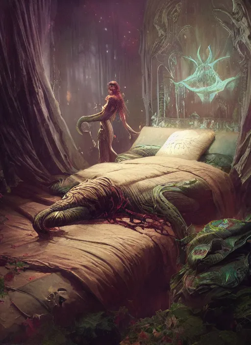 Image similar to my bed is a forest with a giant cthulhu eyes in the dark by gaston bussiere, anna nikonova aka newmilky, greg rutkowski, yoji shinkawa, yoshitaka amano, moebius, donato giancola, geoffroy thoorens, trending on artstation, featured on pixiv, cinematic composition