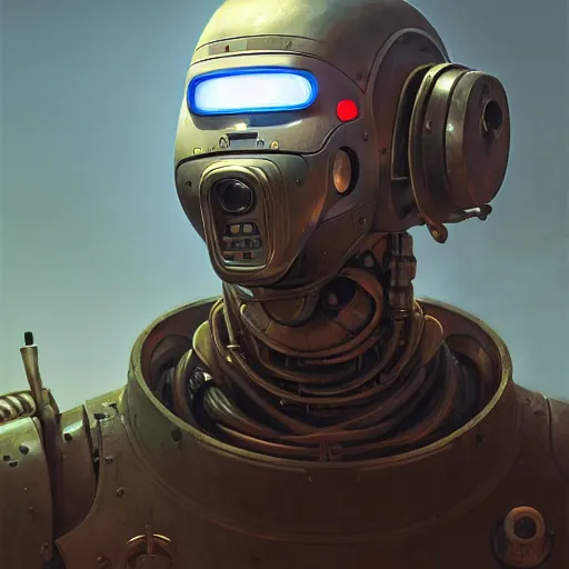 Image similar to a expressive portrait of masked diesel punk robot in dramatic lighting, depth of field background, artstation, award - winning realistic sci - fi concept art by jim burns and greg rutkowski, beksinski, a realism masterpiece, expressive color palette, james gilleard, bruegel, alphonse mucha, and yoshitaka amano