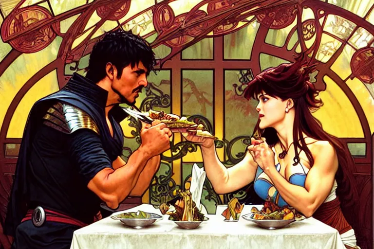 Image similar to xena warrior princess eating at a restaurant, with a hispanic man in a suit as her companion, art by artgerm and greg rutkowski and alphonse mucha