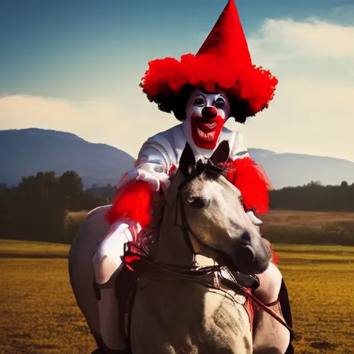 Image similar to a man on a horse wearing a clown suit. photorealistic 4k