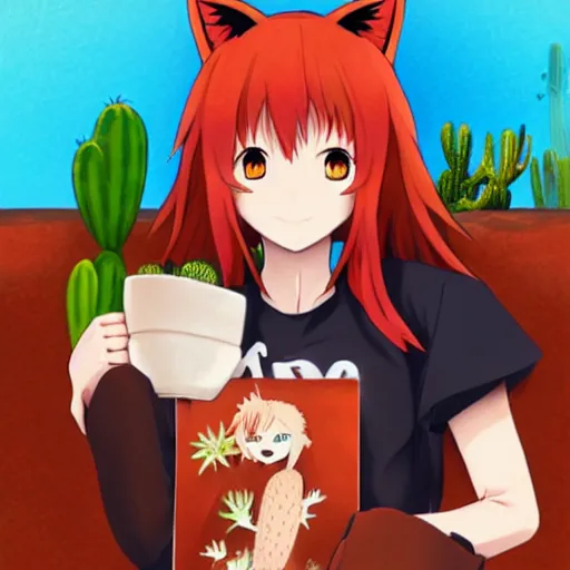 Image similar to A red-haired anime girl with fox ears and an evil grin in an orange jumpsuit holds a cactus artwork of a single character illustration, art by makoto shinkai