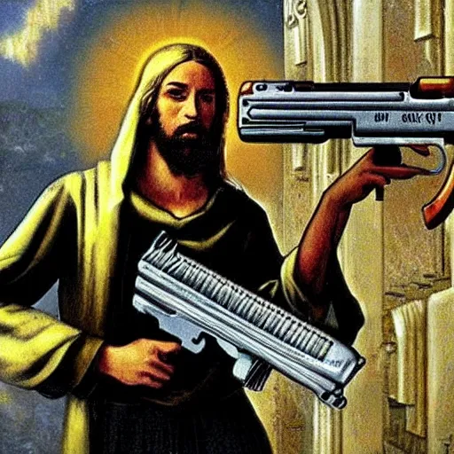 Image similar to jesus with guns killing demons