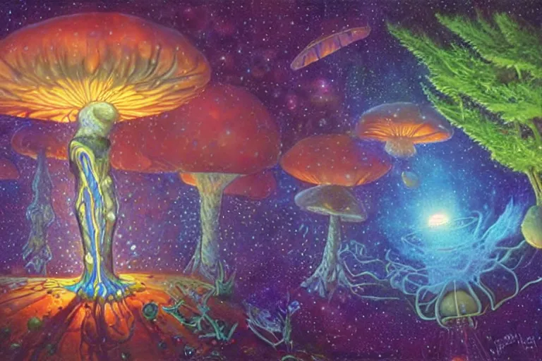 Image similar to how magic mushrooms can take us to the farthest reaches of innerspace, painting by james gurney