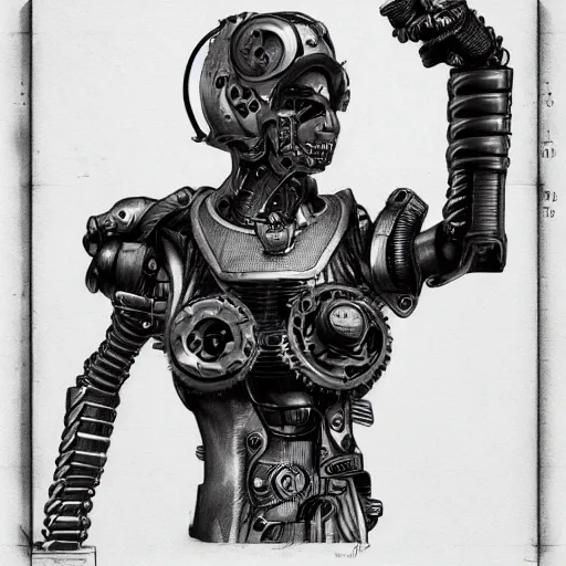 Image similar to technical drawing of a cyborg, black steel and metal, sketched in steampunk style, black ink, white paper, cinematic, hyper realistic, rendered, 8 k, old, fine details