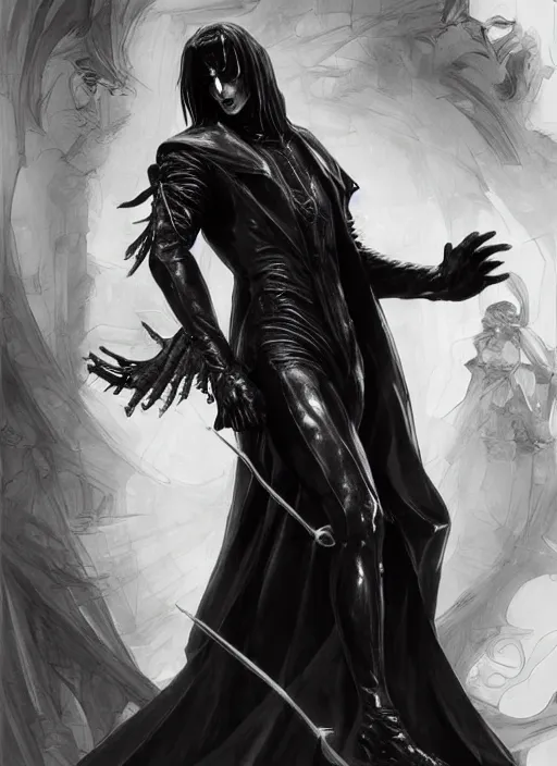 Image similar to elegant renaissance concept art of a male young muscular neo from matrix 1 as sandman from vertigo comics, the crow 1 9 9 4, full figure dynamic fighting pose, pale skin!, gothic, black overcoat, fantasy, intricate, highly detailed, digital painting, artstation, smooth, sharp focus, illustration, art by artgerm and greg rutkowski and alphonse mucha