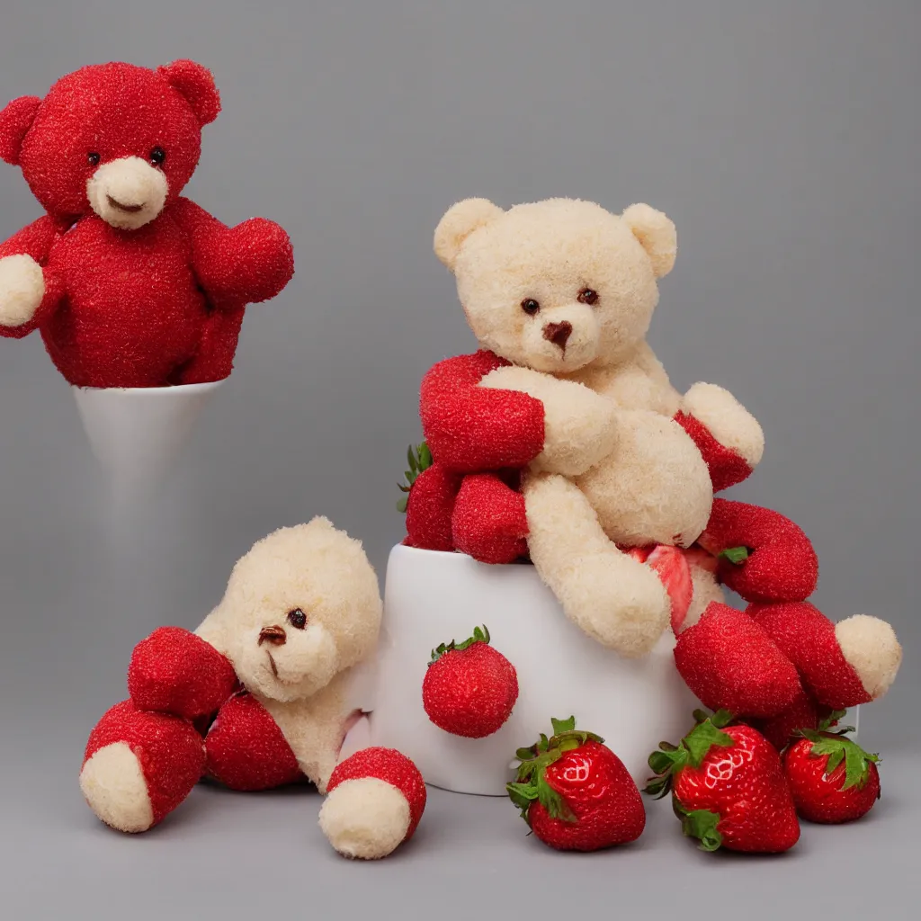 Image similar to a strawberry teddy bear, food photography studio lighting professional