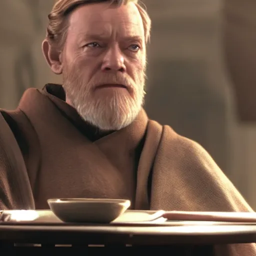 Image similar to Obi Wan! sits at a table with Palpatine! and Drinks tea. Screenshot from Movie, Movie Still, 8k, High Resolution, Highly Detailed