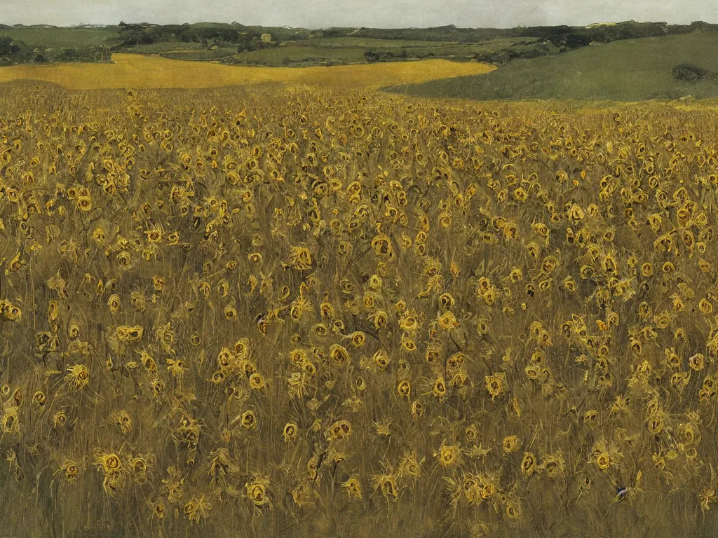 Image similar to Field of withered sunflowers and lotuses painted by Andrew Wyeth.