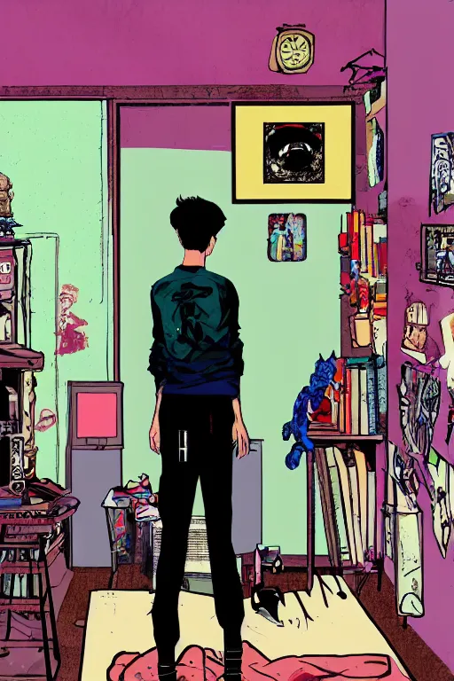 Image similar to a skinny goth guy standing in a cluttered 9 0 s bedroom by jamie hewlett, jamie hewlett art, full body character concept art, vaporwave colors, digital painting,