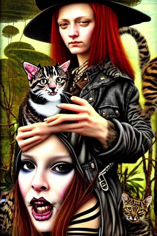 Image similar to punk rock girls making selfie with cats in jungle , mad max jacket, post apocalyptic, renaissance, highly detailed, digital painting, oil painting by Leonardo Da Vinci, hyper realistic style, fantasy by Olga Fedorova