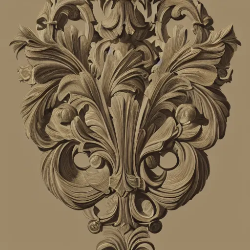 Image similar to a beautiful and masterful engraving decorative ornamental emblem, acanthus, floral, acroteria, arabesque, bead and reel, beams, bocage, cartouche, caulicoli, dentils, eagle, rendered in octane