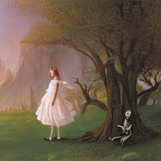 Image similar to Alice in Wonderland, painted by Caspar David Friedrich, oil painting