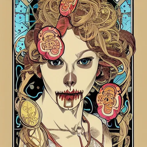 Image similar to manga skull portrait girl female skeleton taylor swift realism hyperrealistic art Geof Darrow and will cotton alphonse mucha pop art nouveau