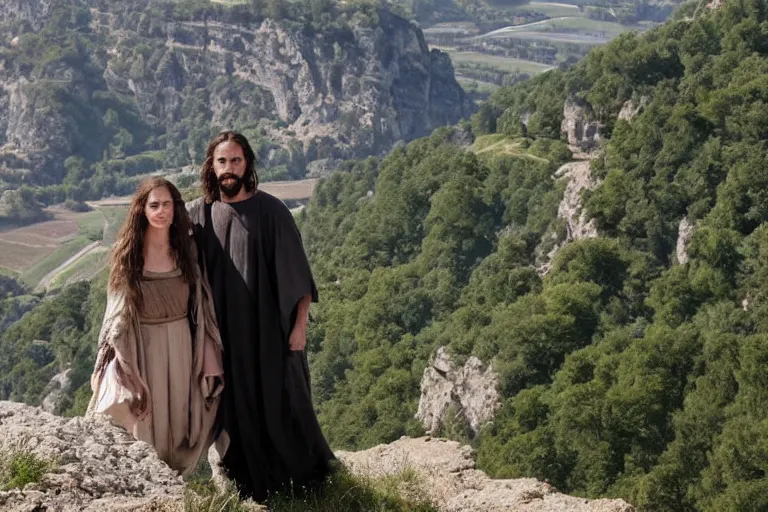 Image similar to an extreme close - up photo of jesus and mary magdalene standing on a cliff looking over a beautiful landscape in france, rennes - le - chateau, award winning photo, very detailed, very realistic cinematic