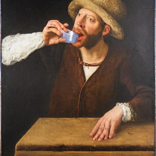 Image similar to A renaissance oil painting of a man drinking milk