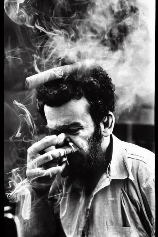 Image similar to a recent photograph of god smoking a cuban cigar by stanley kubrick