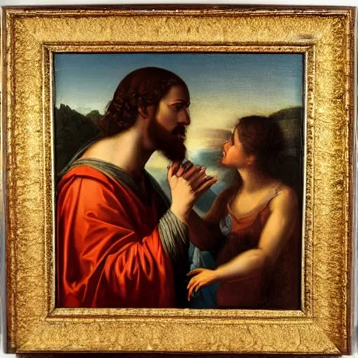 Image similar to an oil panting of a jesus kissing maria maddalena